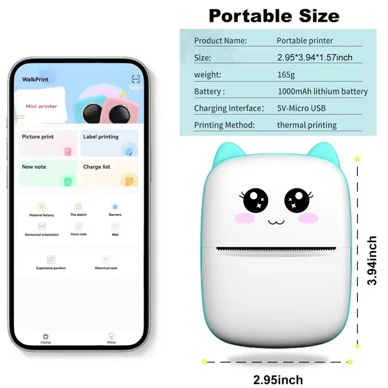 Mini Impresora Portátil Bluetooth - Sin Tinta (Cute Cat)